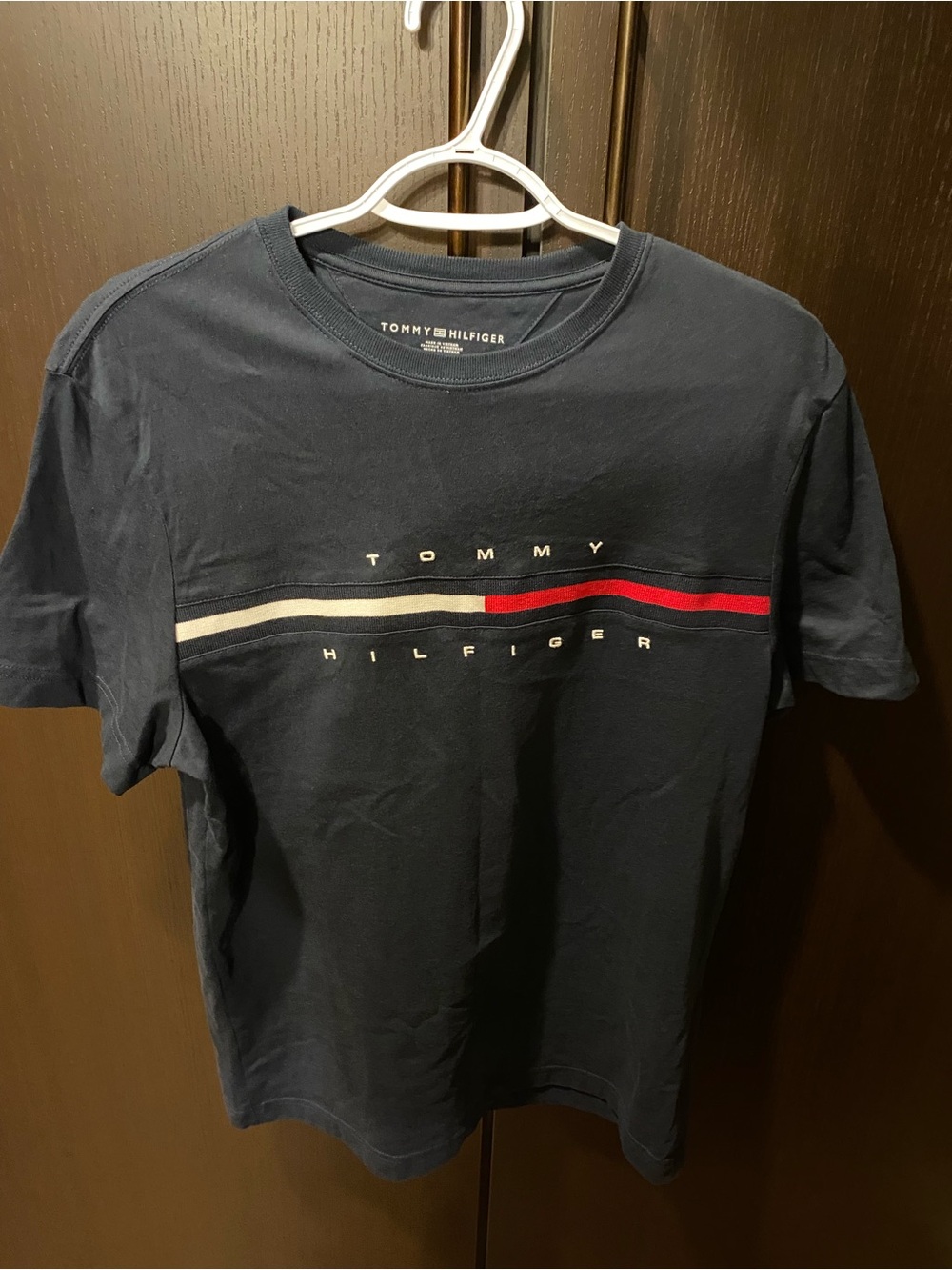 Tommy Hilfiger Navy Short Sleeve Logo Tee with Red & White Stripe